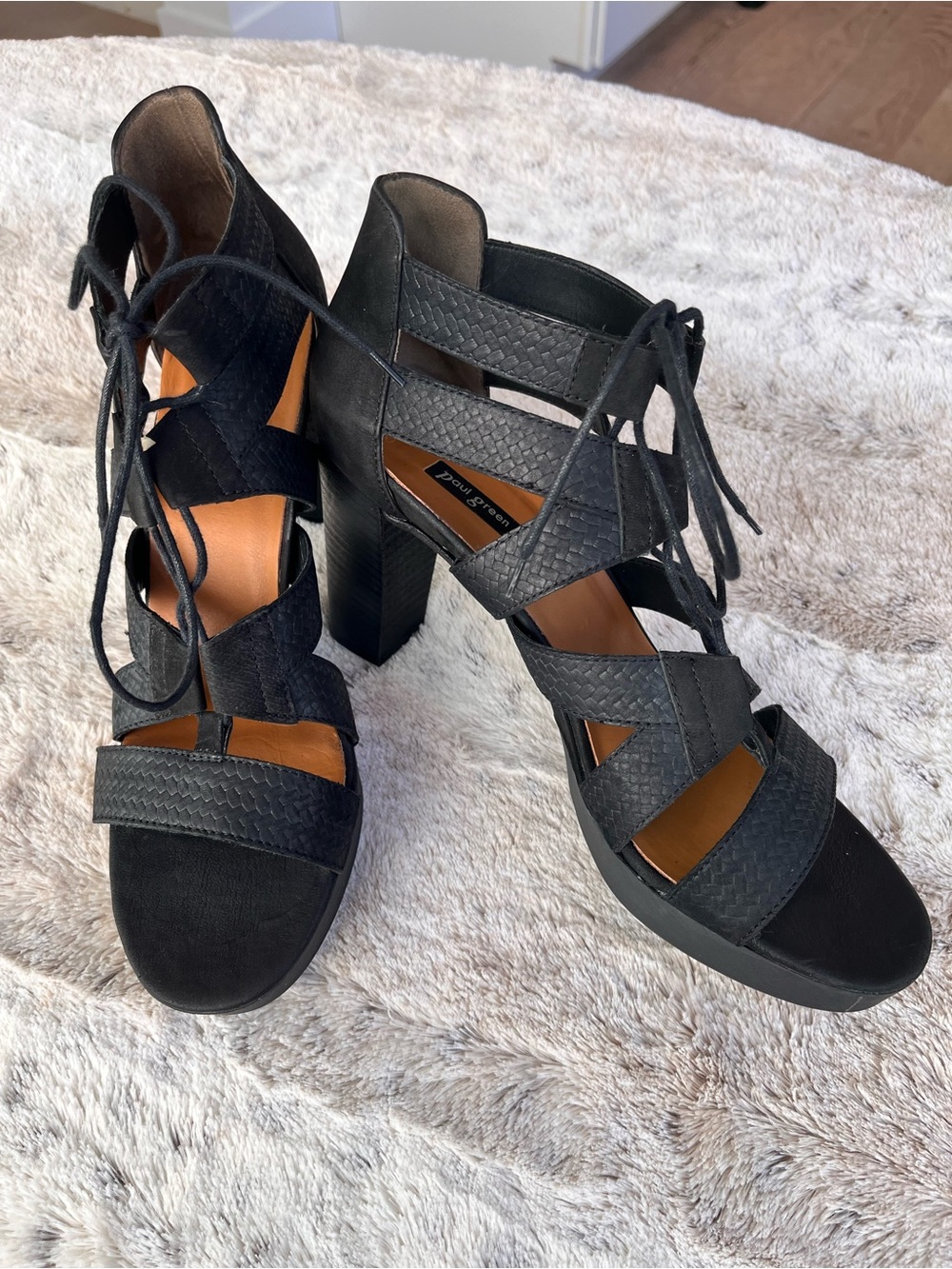 Paul Green Black Lace-Up Woven Block Heel Sandals